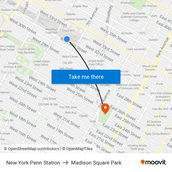 New York Penn Station to Madison Square Park map