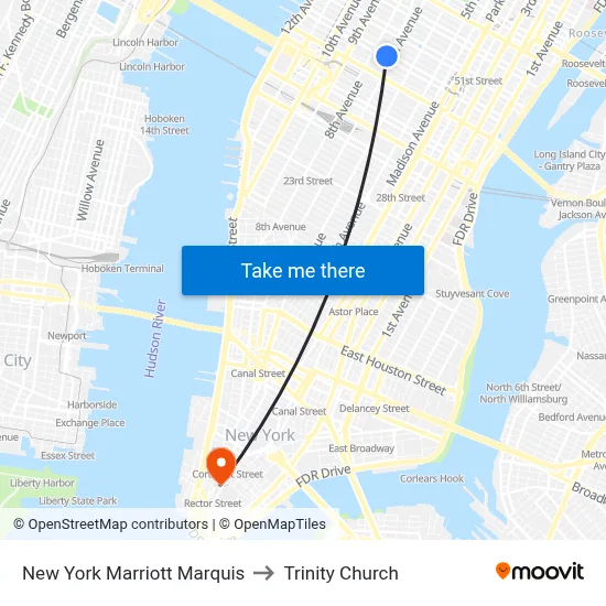 New York Marriott Marquis to Trinity Church map