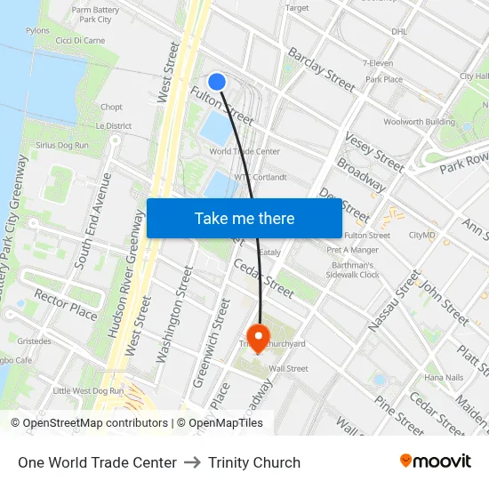 One World Trade Center to Trinity Church map