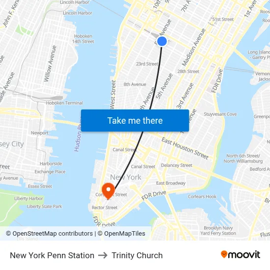 New York Penn Station to Trinity Church map