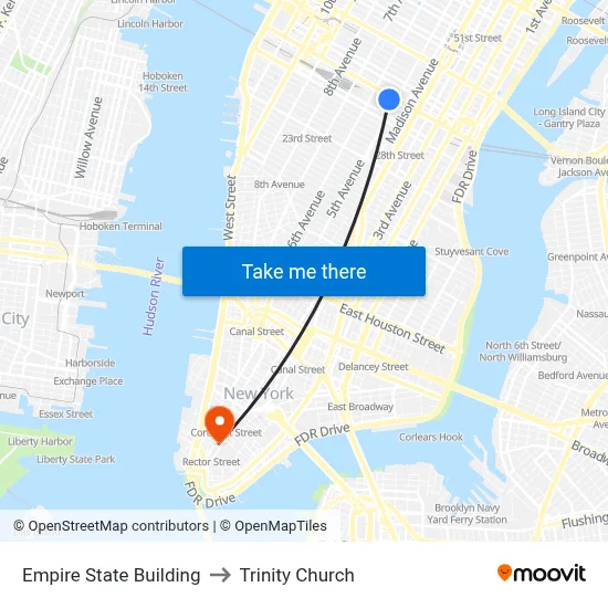 Empire State Building to Trinity Church map