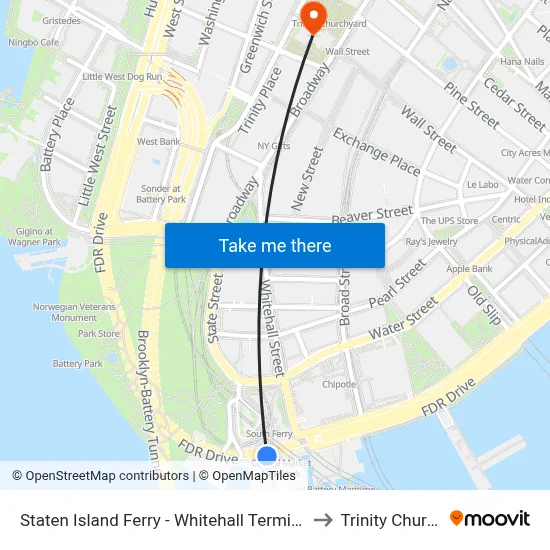 Staten Island Ferry - Whitehall Terminal to Trinity Church map