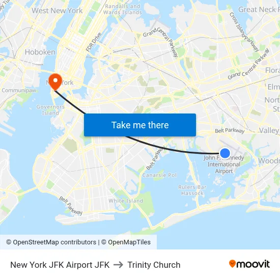 New York JFK Airport JFK to Trinity Church map