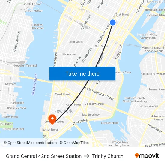 Grand Central 42nd Street Station to Trinity Church map