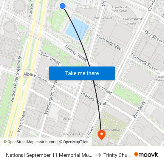 National September 11 Memorial Museum to Trinity Church map