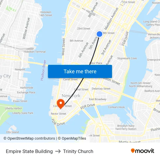 Empire State Building to Trinity Church map