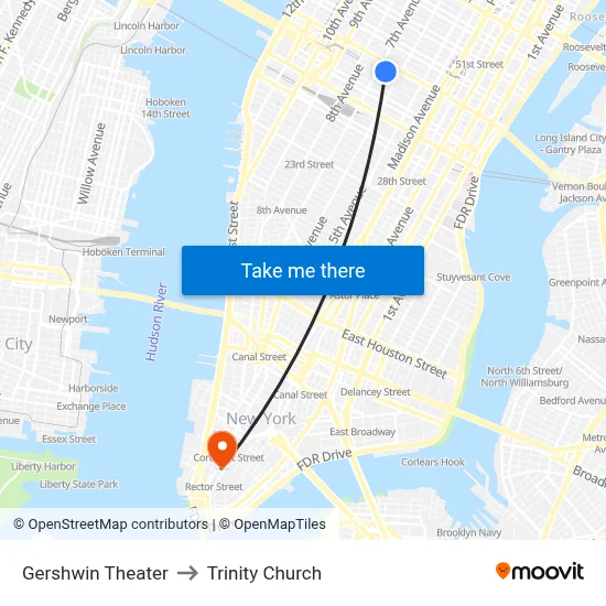 Gershwin Theater to Trinity Church map