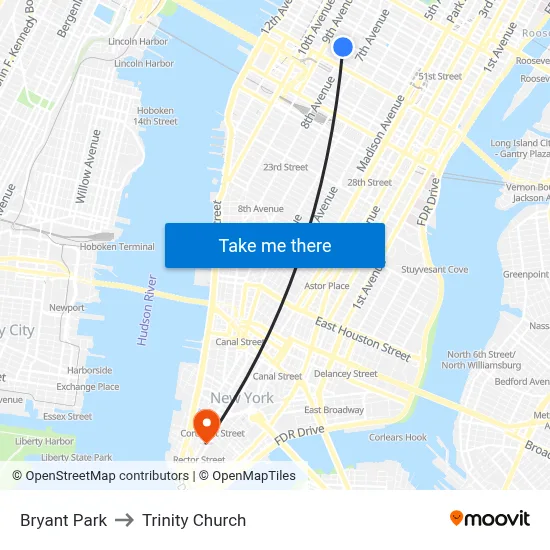 Bryant Park to Trinity Church map