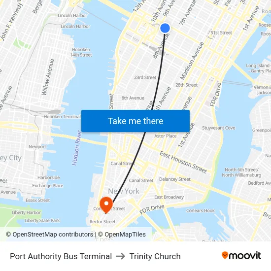 Port Authority Bus Terminal to Trinity Church map