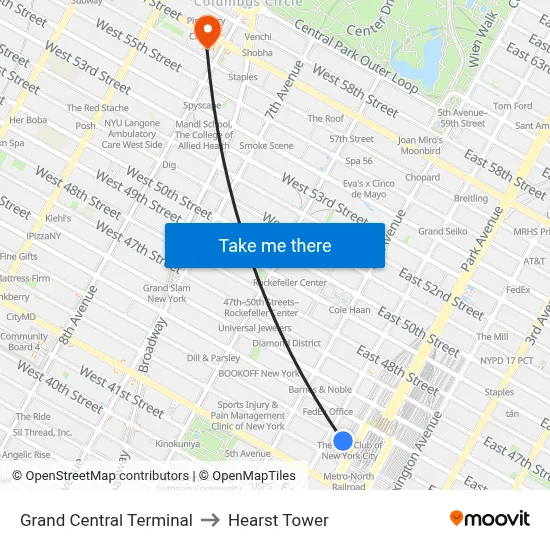 Grand Central Terminal to Hearst Tower map