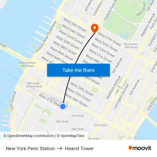 New York Penn Station to Hearst Tower map