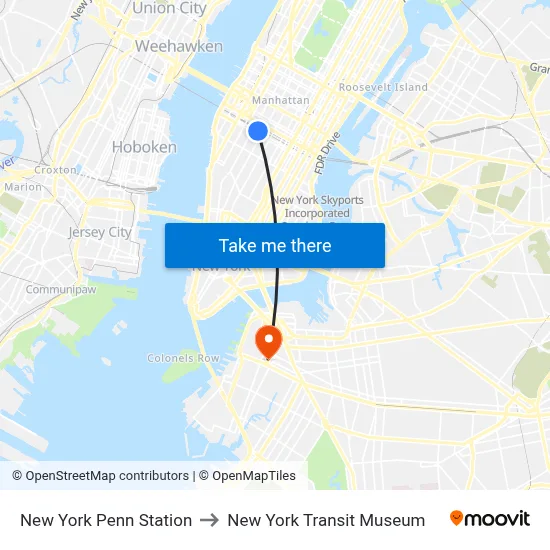 New York Penn Station to New York Transit Museum map