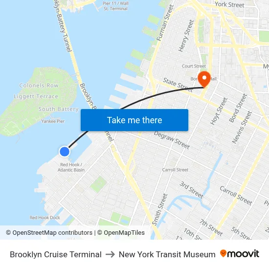 Brooklyn Cruise Terminal to New York Transit Museum map