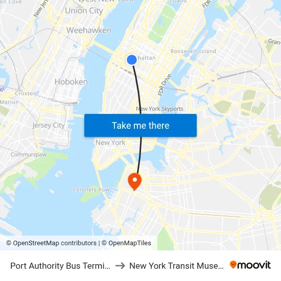 Port Authority Bus Terminal to New York Transit Museum map
