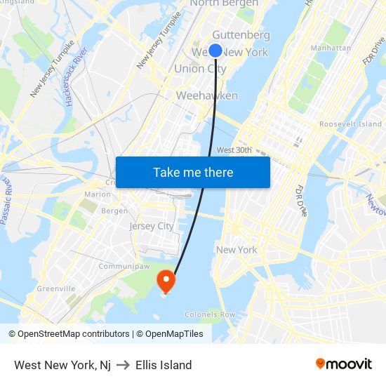 West New York, Nj to Ellis Island map