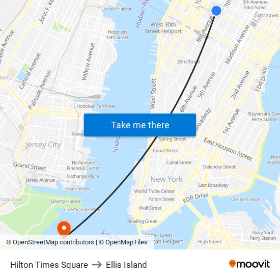 Hilton Times Square to Ellis Island map