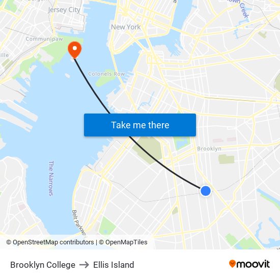 Brooklyn College to Ellis Island map