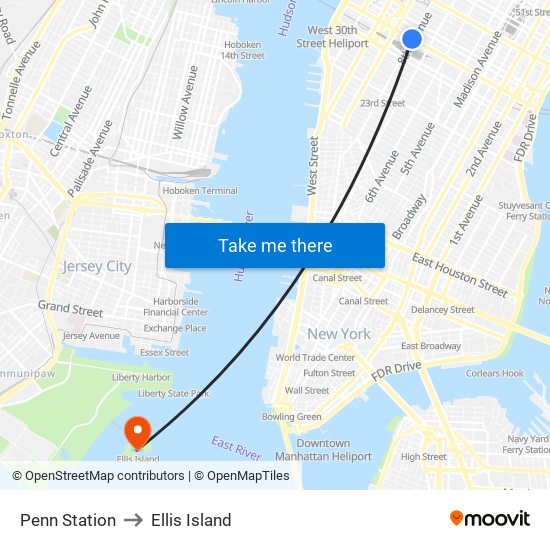 Penn Station to Ellis Island map