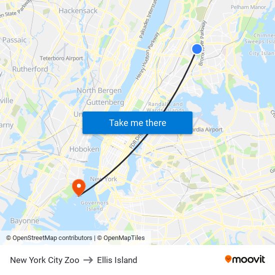 New York City Zoo to Ellis Island map