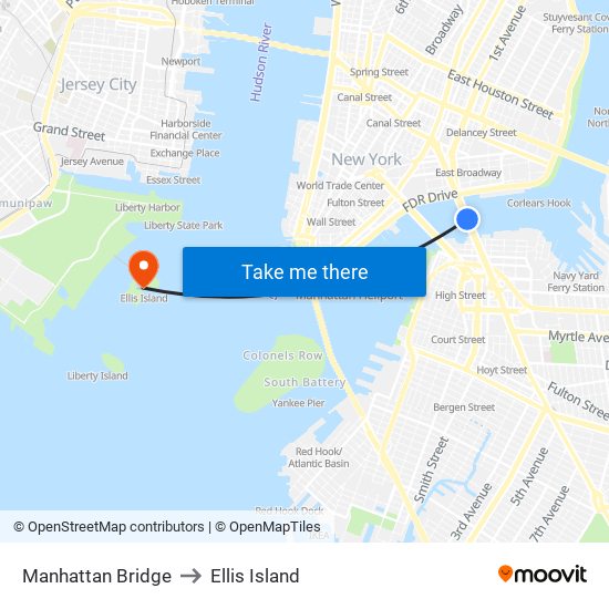 Manhattan Bridge to Ellis Island map