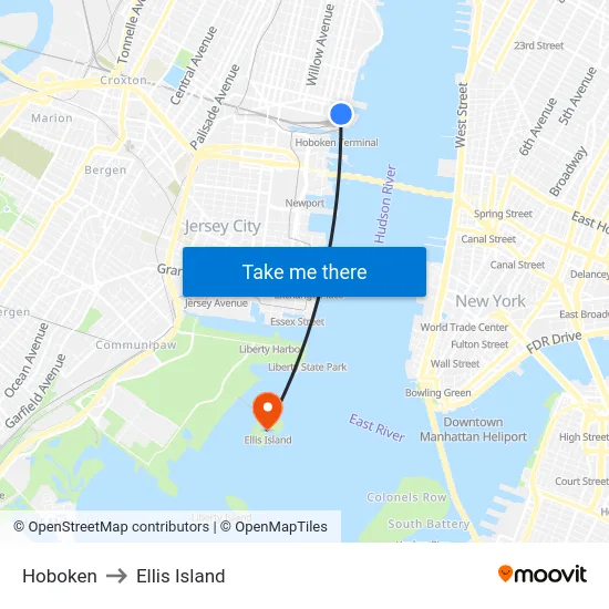 Hoboken to Ellis Island map