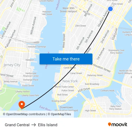 Grand Central to Ellis Island map
