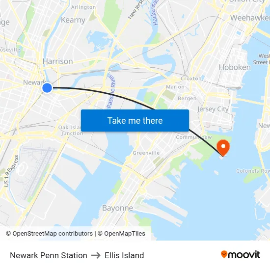 Newark Penn Station to Ellis Island map