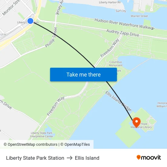 Liberty State Park Station to Ellis Island map