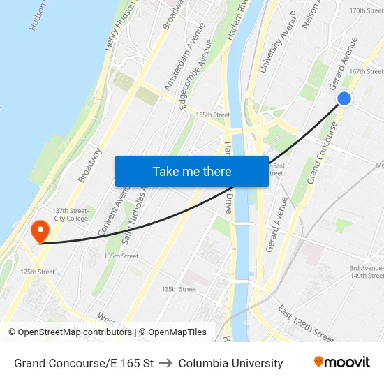 Grand Concourse/E 165 St to Columbia University map