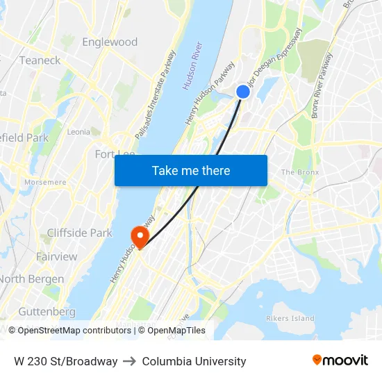 W 230 St/Broadway to Columbia University map