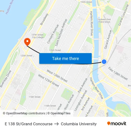 E 138 St/Grand Concourse to Columbia University map