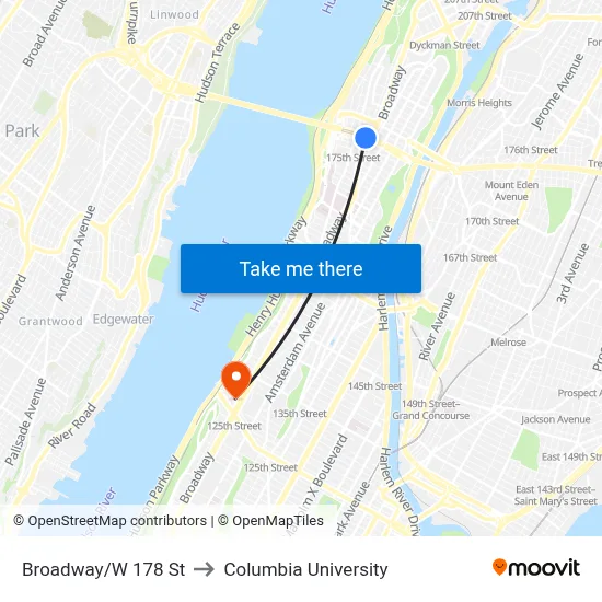 Broadway/W 178 St to Columbia University map