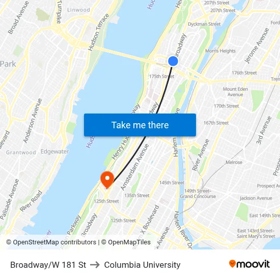 Broadway/W 181 St to Columbia University map