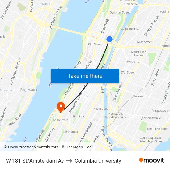 W 181 St/Amsterdam Av to Columbia University map