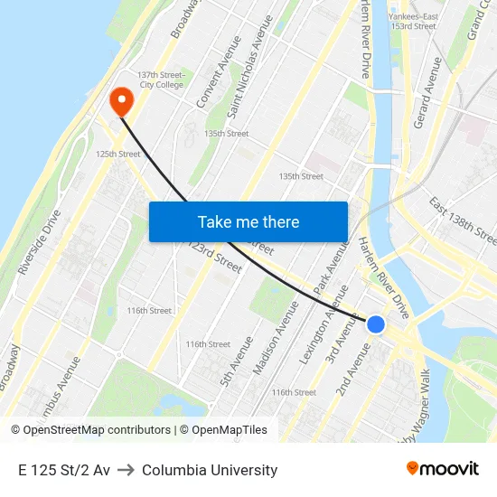 E 125 St/2 Av to Columbia University map