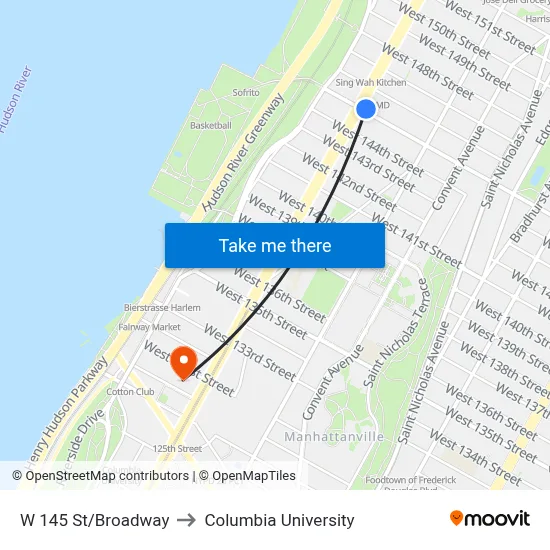 W 145 St/Broadway to Columbia University map