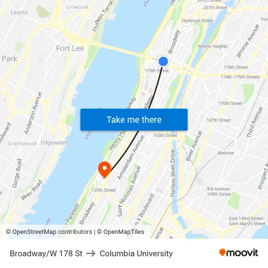 Broadway/W 178 St to Columbia University map