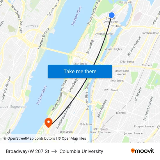Broadway/W 207 St to Columbia University map