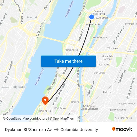 Dyckman St/Sherman Av to Columbia University map