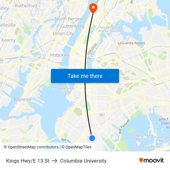 Kings Hwy/E 13 St to Columbia University map