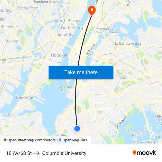 18 Av/68 St to Columbia University map