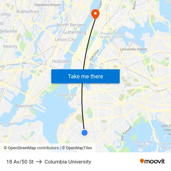 18 Av/50 St to Columbia University map