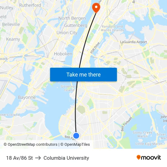 18 Av/86 St to Columbia University map