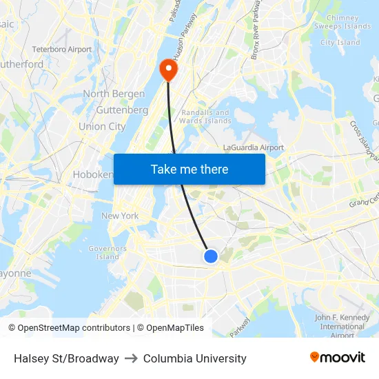 Halsey St/Broadway to Columbia University map