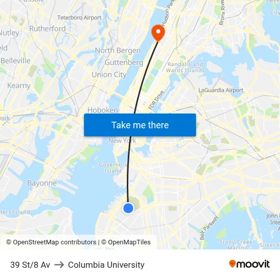 39 St/8 Av to Columbia University map