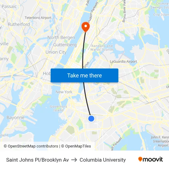 Saint Johns Pl/Brooklyn Av to Columbia University map