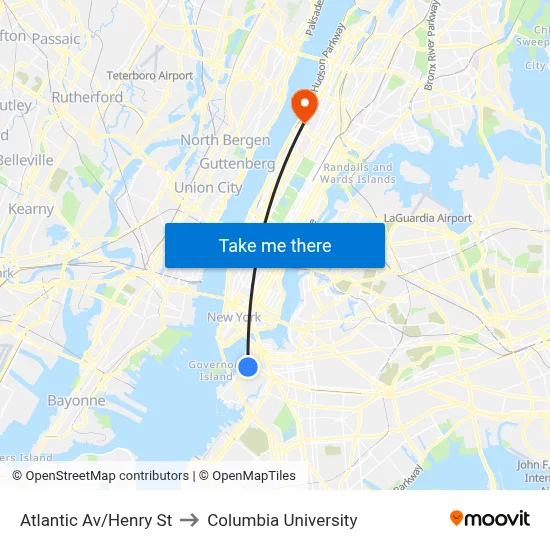Atlantic Av/Henry St to Columbia University map