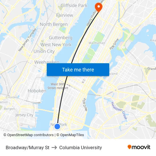 Broadway/Murray St to Columbia University map