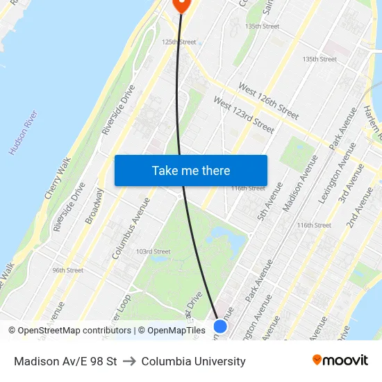 Madison Av/E 98 St to Columbia University map