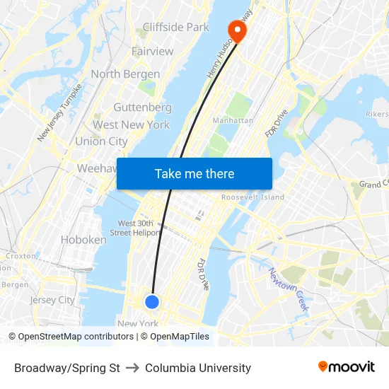 Broadway/Spring St to Columbia University map